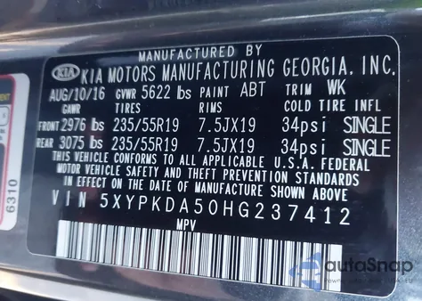 2017 Kia Sorento 3.3L Sxl z USA, uszkodzony, nr VIN 5XYPKDA50HG237412